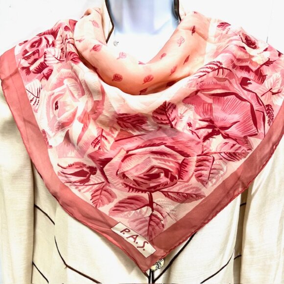 P. S. A. Accessories - P. S. A.  Pink floral Silk Scarf  Ciffon Satin 31"x 31" Italy Made )Pink Rose(39